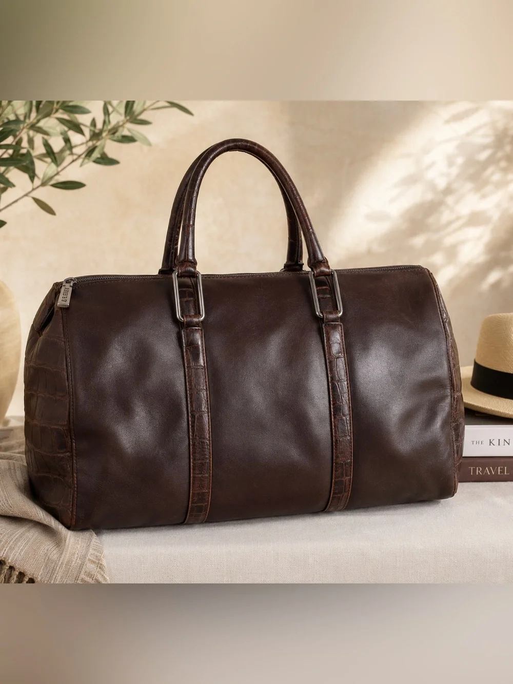 Vintage DELSEY Brown Leather Weekender Travel Bag Croc Trim Overnight Duffel